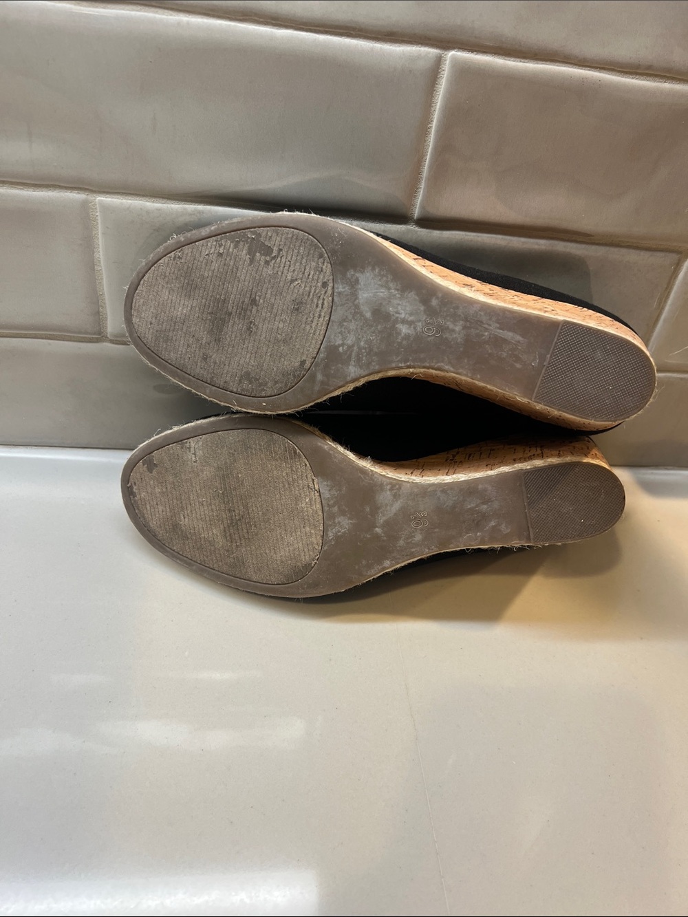 Black Peep-Toe Cork Wedge Heels - Picture 8 of 8
